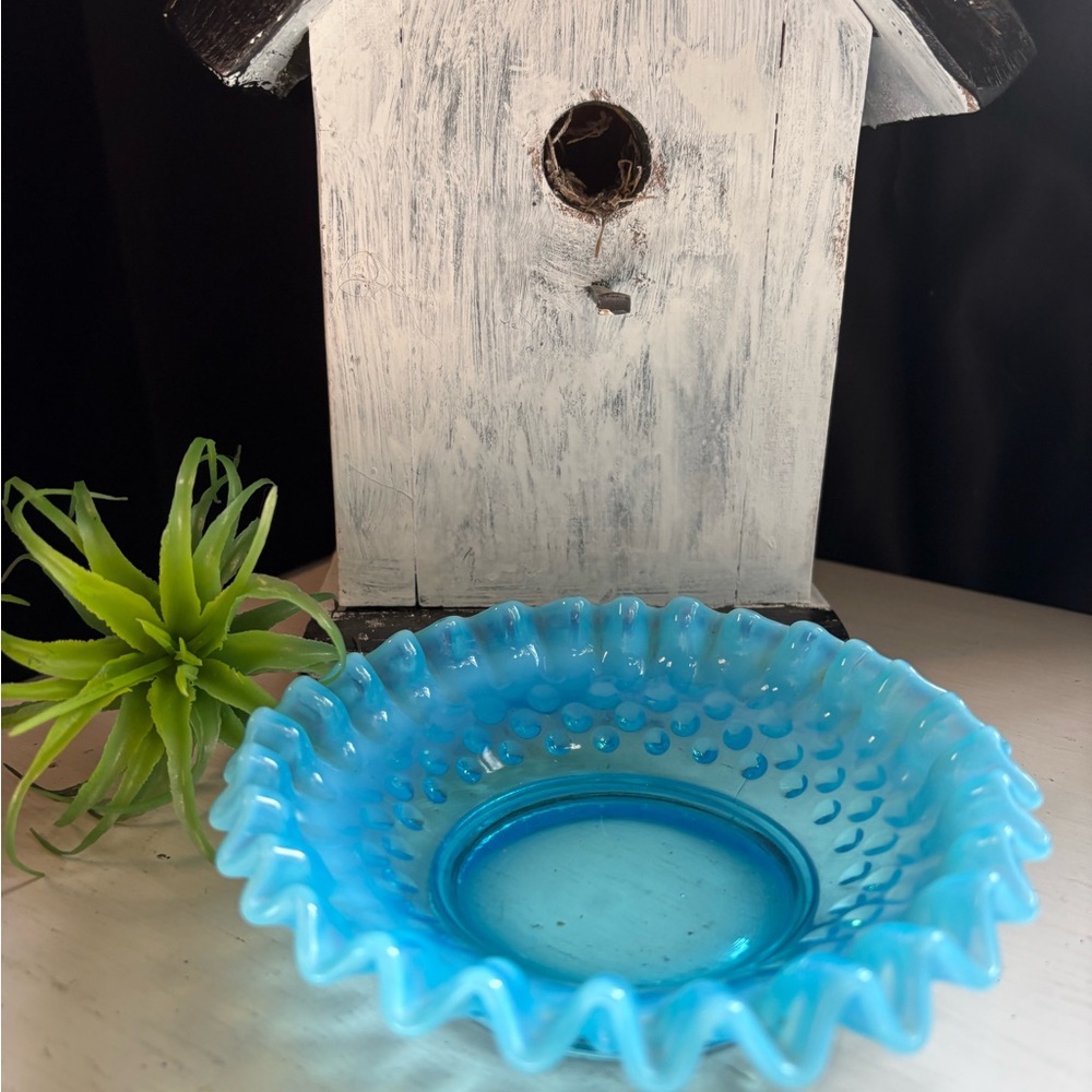 Fenton Blue Opalescent Hobnail Crimped Bon Bon Dish- Fenton Glassware